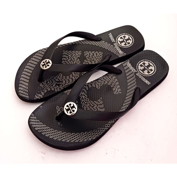 Tory Burch Emory Thong Flips Flops Blk/White Silver Logo 1/2" Straps Sz 8 - Picture 2 of 9